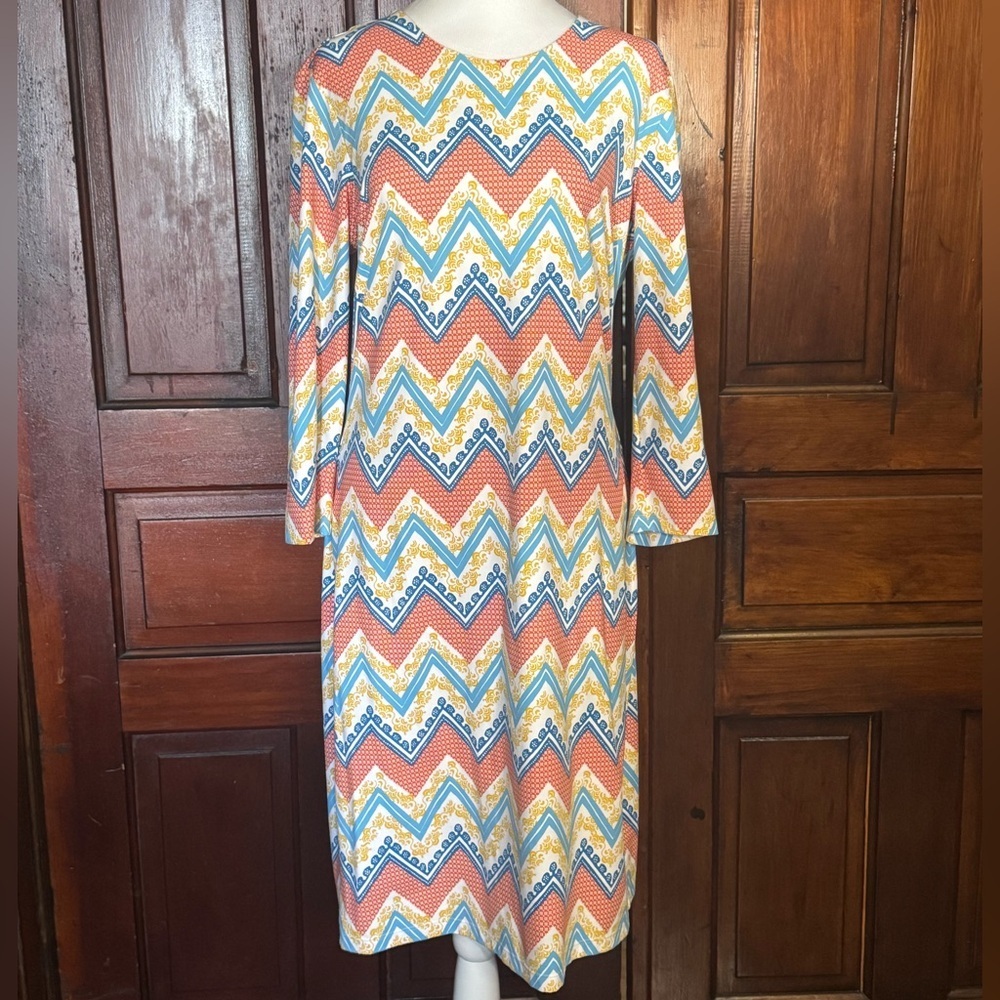 Chevron Print Long Sleeve Midi Dress in Coral, Blue & Yellow